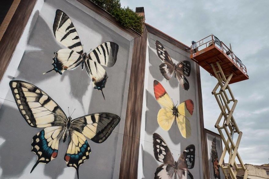 Artist Adds Charm To Boring Streets By Painting Giant Butterfly Murals