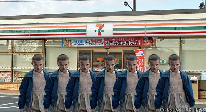 Stranger Things meme featuring multiple Elevens in front of a 7-Eleven store.