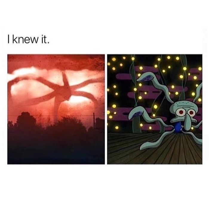 Stranger Things meme comparing a shadowy creature to a cartoon character with multiple limbs.