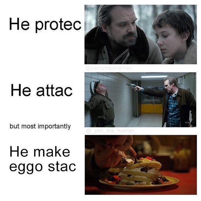 Stranger Things meme: He protec, he attac, but most importantly, he make eggo stac.