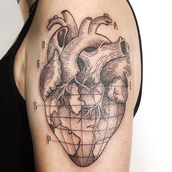 Travel tattoo of a heart with a globe design on an arm, symbolizing wanderlust and exploration.