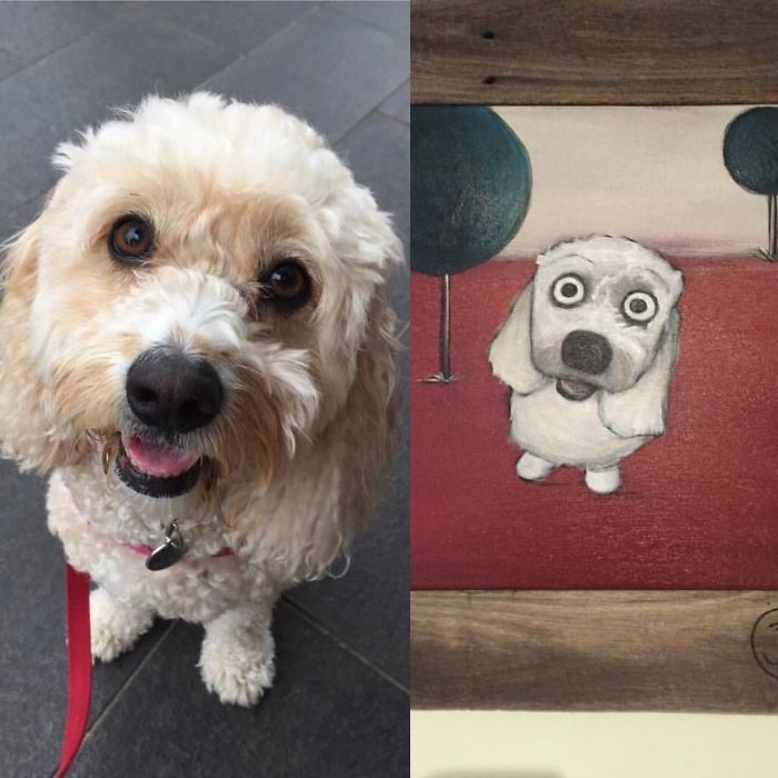 Cute dog next to a funny pet portrait, highlighting the humorous pet names people now call their pets.