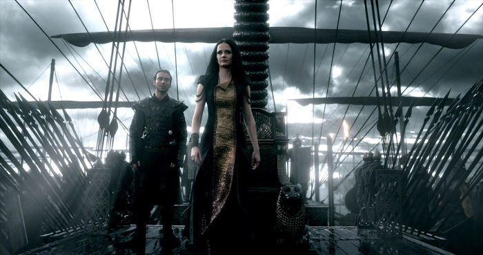 Scene from 300 Rise of an Empire featuring two characters on a ship, linked to fun facts about movies keyword.