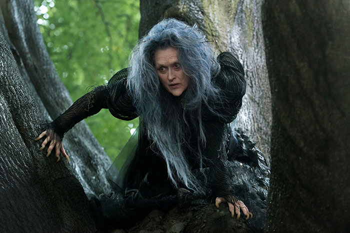 Witch character from Into the Woods movie scene, with wild gray hair and claw-like fingers on a tree branch.
