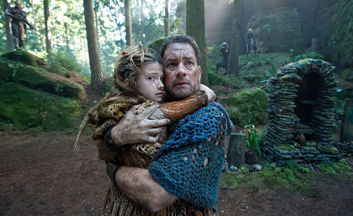 Scene from Cloud Atlas movie showing two characters embracing in a forest setting, part of fun facts about movies.