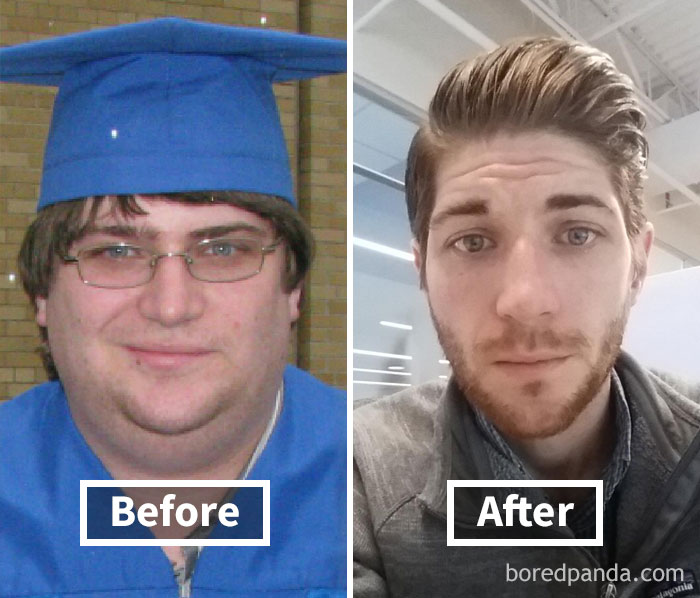 Before and after weight loss showing face fat loss, with man in graduation cap on left and with styled hair on right.