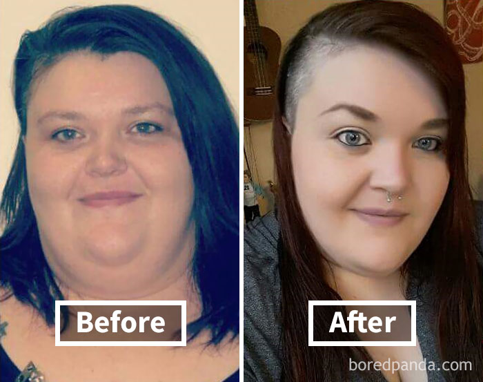 Before and after photos showing face fat loss transformation.