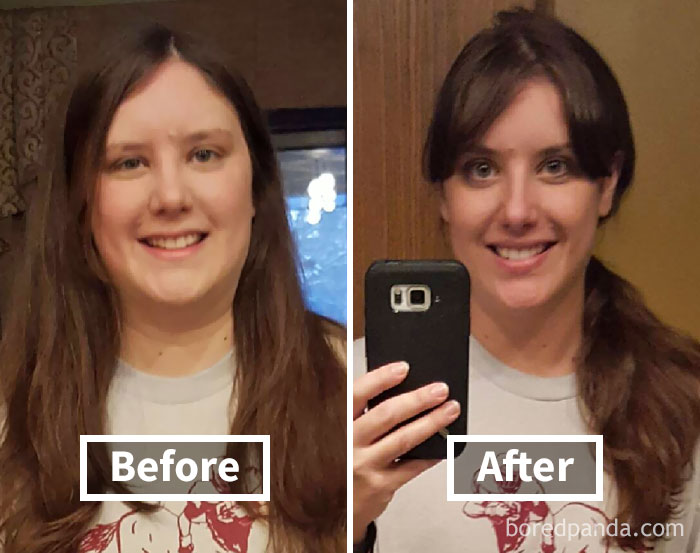 Before and after weight loss face fat transformation in a selfie comparison.