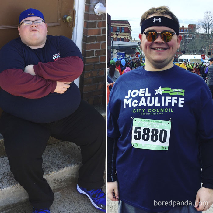 Before and after photo showing incredible weight loss transformation of the same person.