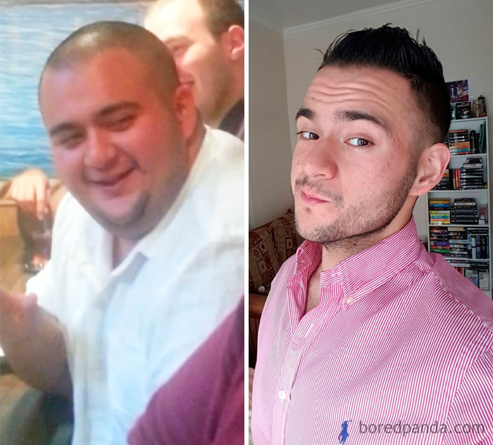Before and after weight loss transformation of a man, showing significant change in appearance.
