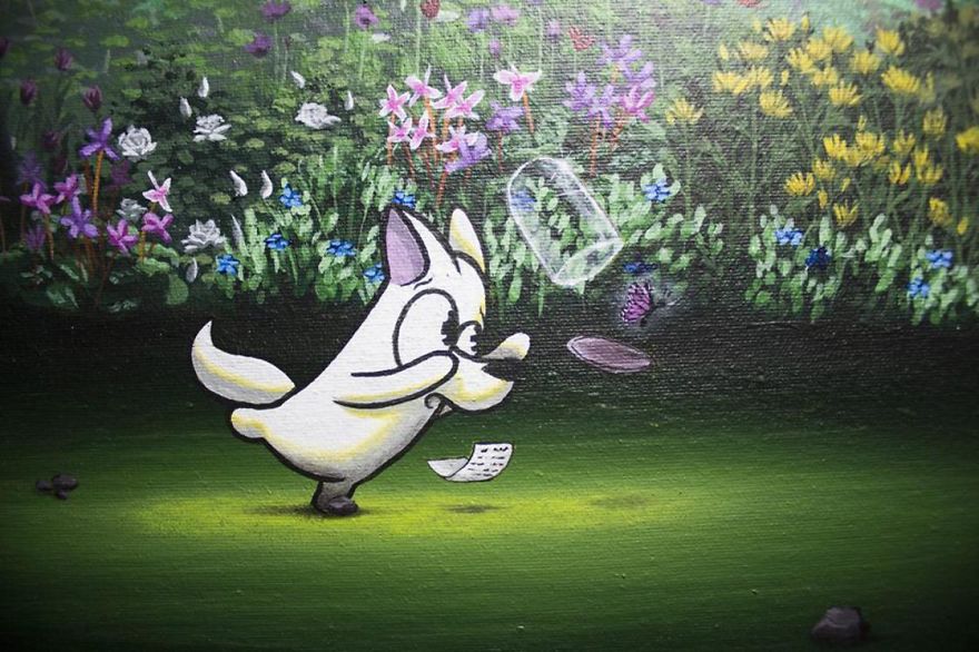 Artist Mixes His Mascot, An Adorable White Dog With Wonderful Street Arts