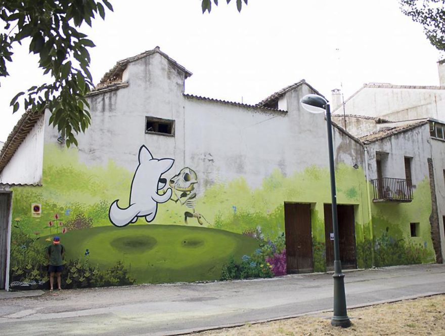 Artist Mixes His Mascot, An Adorable White Dog With Wonderful Street Arts