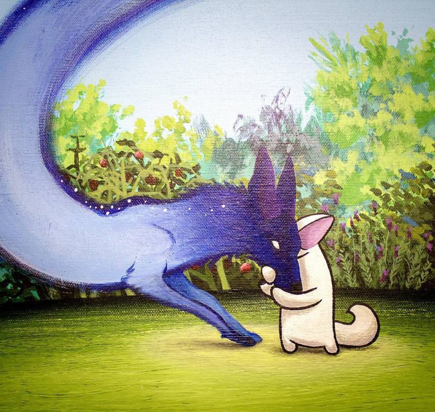 Artist Mixes His Mascot, An Adorable White Dog With Wonderful Street Arts