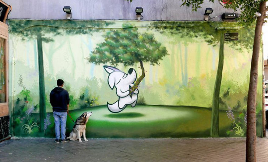 Artist Mixes His Mascot, An Adorable White Dog With Wonderful Street Arts