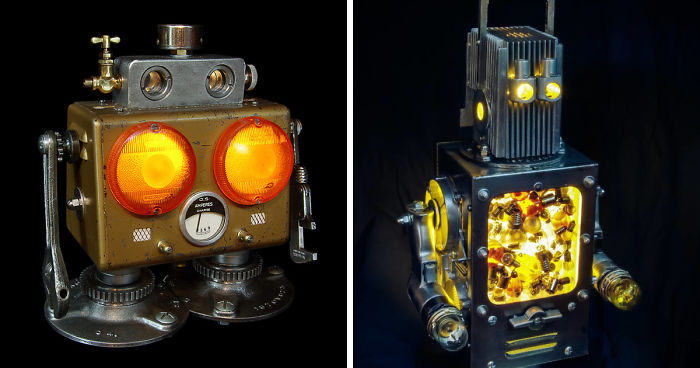 I Sculpt Illuminated Robots From Upcycled Materials