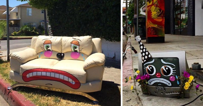 Artist Shows The Sorrow Of Thrown Away Objects He Finds In The Streets By Drawing Sad Clown Faces On Them