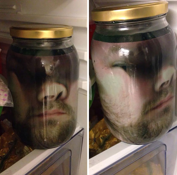 Man Prints A Photo Of His Face On Photo Paper And Places It In A Jar With Green Water To Scare His Wife On Halloween