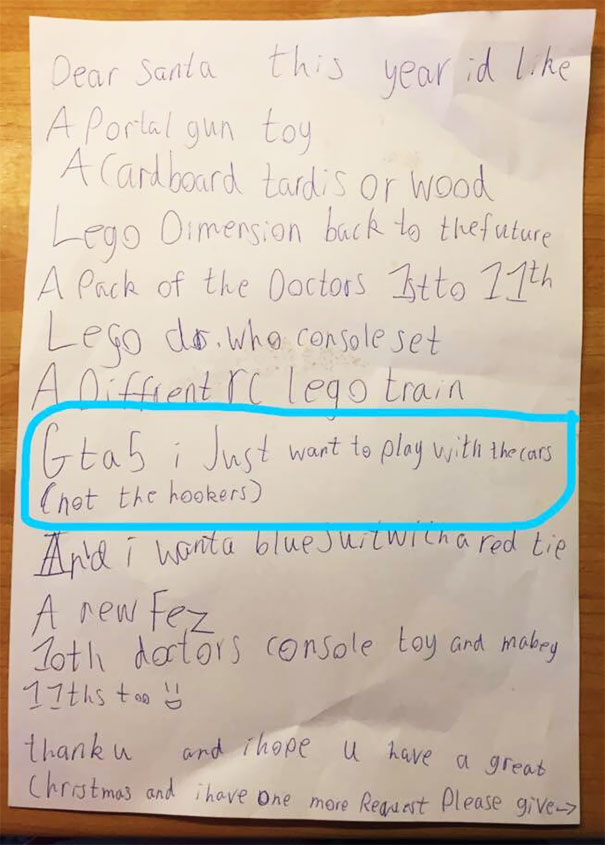 5-Year-Old Letter To Santa Asking For GTA V: "I Just Want To Play With The Cars, Not The Hookers!"