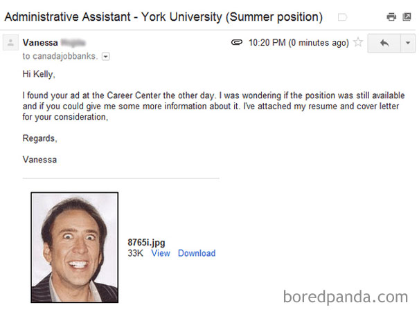 Funny email fail showing a job application with a comical photo attachment instead of a resume.