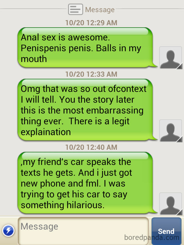 Text message humor fail with embarrassing dialogue and explanation for context misunderstanding.