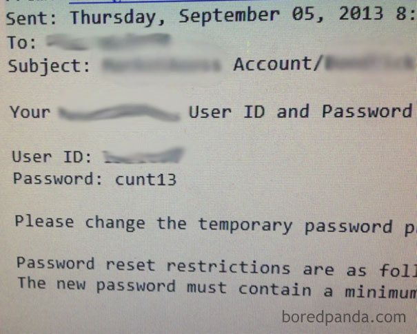 Email fail showing a temporary password mishap that users might wish to unsend.