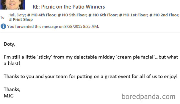 Funny email fail about a messy event incident, involving a midday cream pie, sent to multiple recipients.