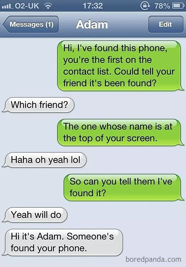 Text message exchange showcasing a funny fail between Adam and a friend about a found phone.