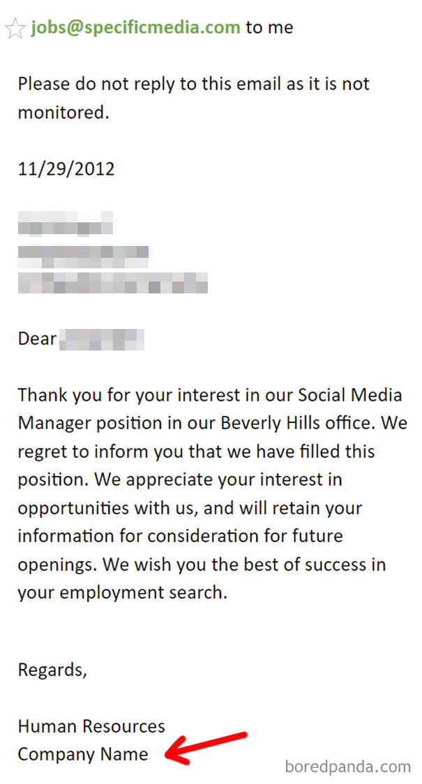 Funny email fail showing a job rejection message with a red arrow pointing to "Company Name" placeholder.