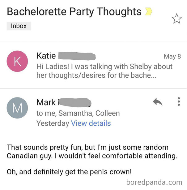 Email thread showing a funny response to bachelorette party plans, featuring an awkward personal comment.