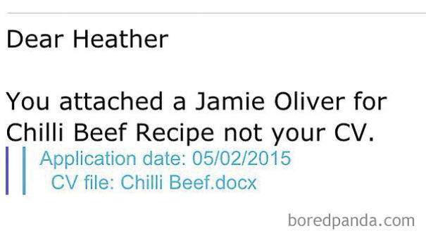 Funny email fail with a recipe attached instead of a CV.