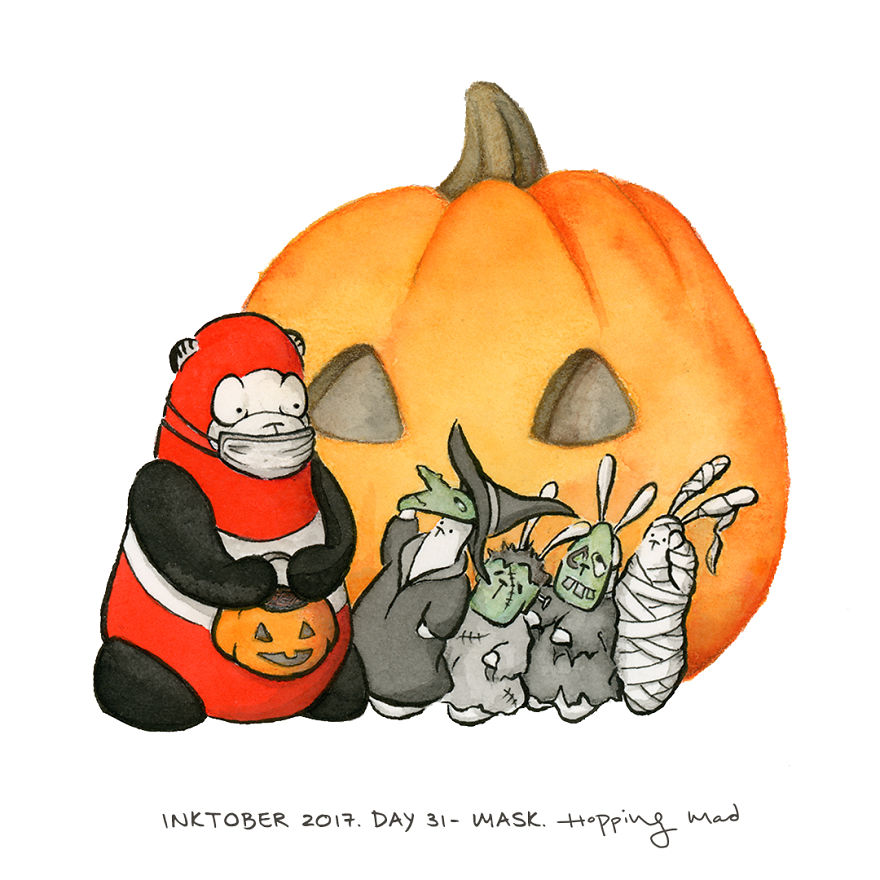 Day 31 - Mask (Being Chinese, Panda Put On His Trusty Air Mask...not Realizing That This Wasn’t What We Meant When We Told Him Not To Forget His Halloween Mask!)