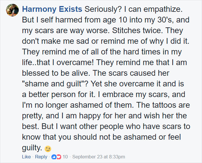 Facebook comment about overcoming self-harm scars, empowerment, and tattoos. Facebook comment about overcoming self-harm scars, empowerment, and tattoos.