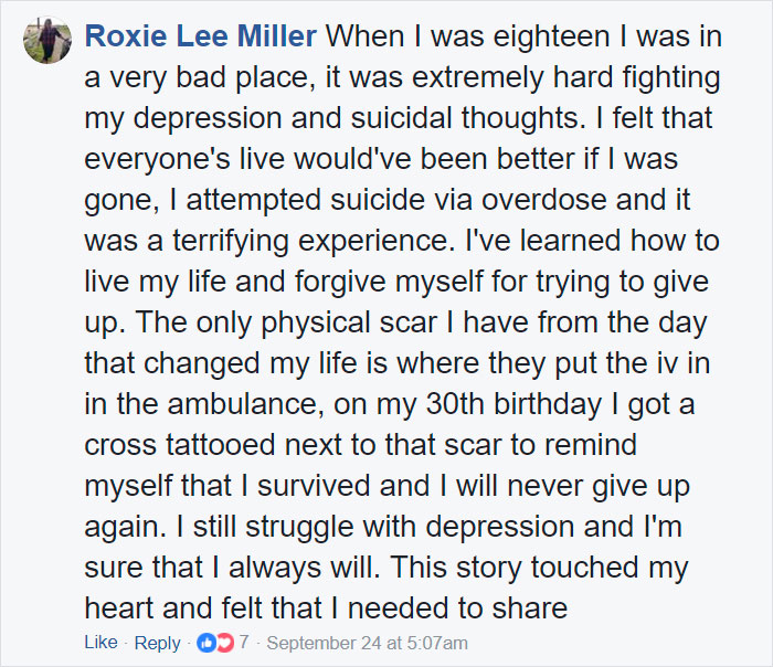 Facebook post about overcoming depression and self-harm scars with a meaningful tattoo. Facebook post about overcoming depression and self-harm scars with a meaningful tattoo.