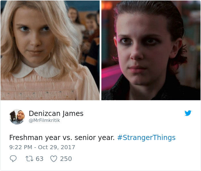 "Split image meme from 'Stranger Things' showing character transformation with text 'Freshman year vs. senior year.'"