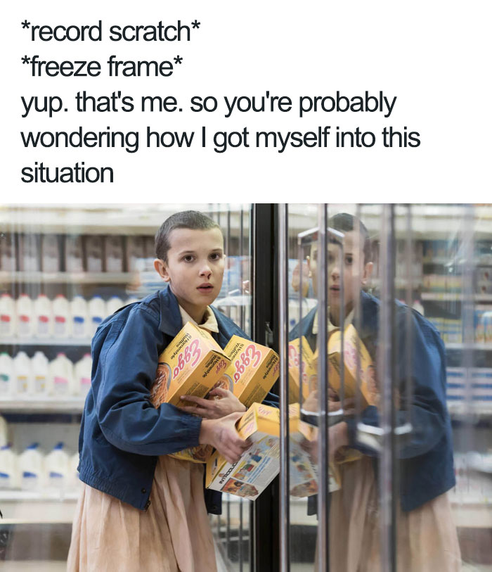 Stranger Things meme: a character holding Eggo waffles in a grocery store with humorous caption above.