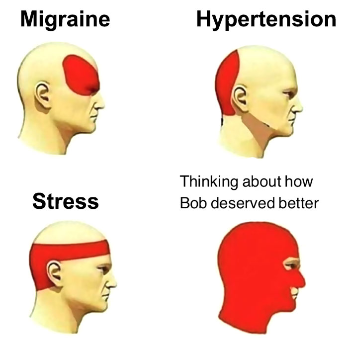 "Stranger Things meme humorously depicting stress levels labeled migraine, hypertension, stress, and thinking about Bob."