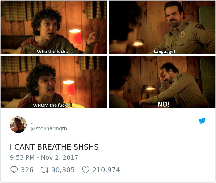 "Stranger Things" meme with characters in a humorous exchange about language, causing laughter on social media.