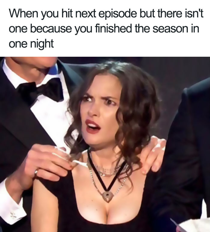 Confused woman reacting to finishing Stranger Things season in one night, wearing black dress with meme text above.