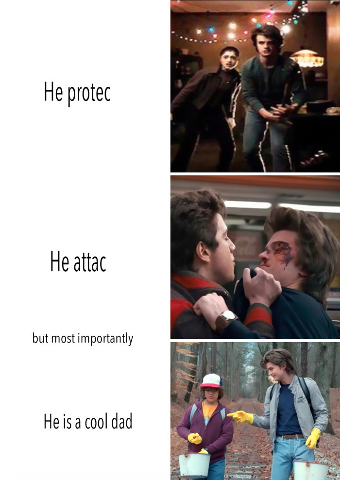 "Stranger Things" meme showcasing a character protecting, attacking, and being a cool dad in various scenes.