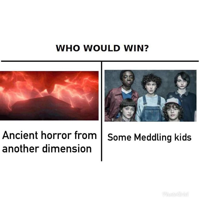 Stranger Things meme comparing ancient horror to kids from the show, highlighting humor in the face-off.