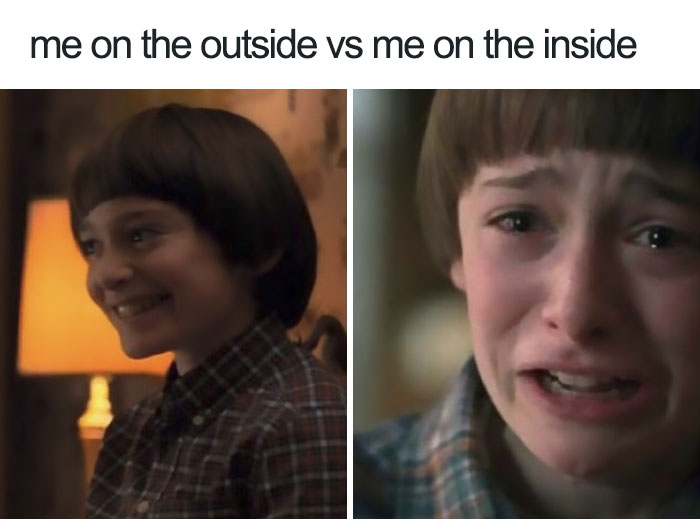 "Stranger Things meme showing contrast between smiling and crying expressions, labeled 'me on the outside vs me on the inside'."
