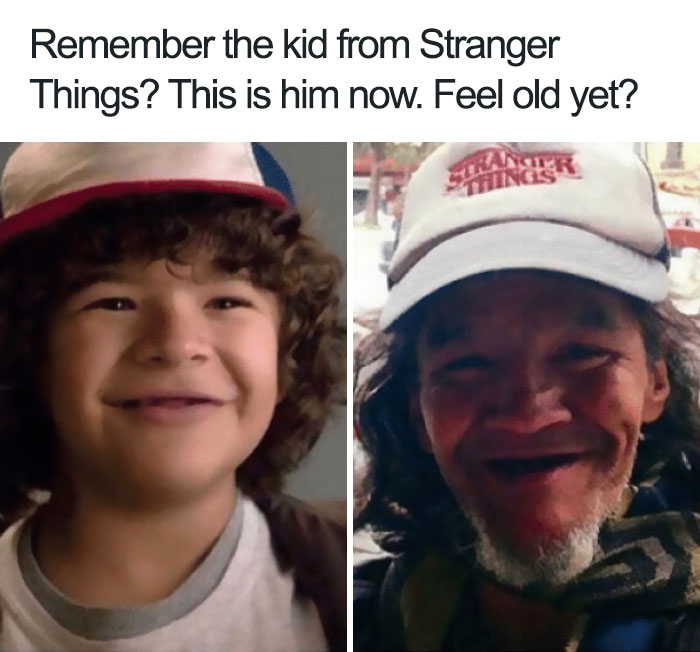 Stranger Things meme: young boy with curly hair and adult wearing similar hat side by side.