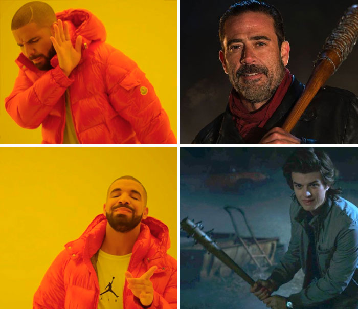 "Stranger Things memes: top panel dislikes, bottom panel approves, featuring characters with weapons."