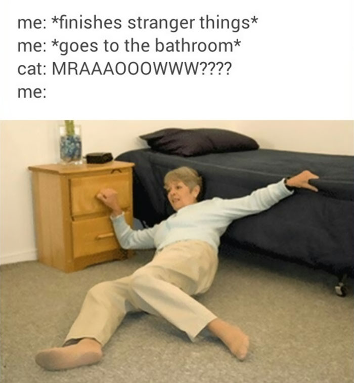 Elderly woman on the floor, humorously depicting a reaction to "Stranger Things" with text about a cat's meow.
