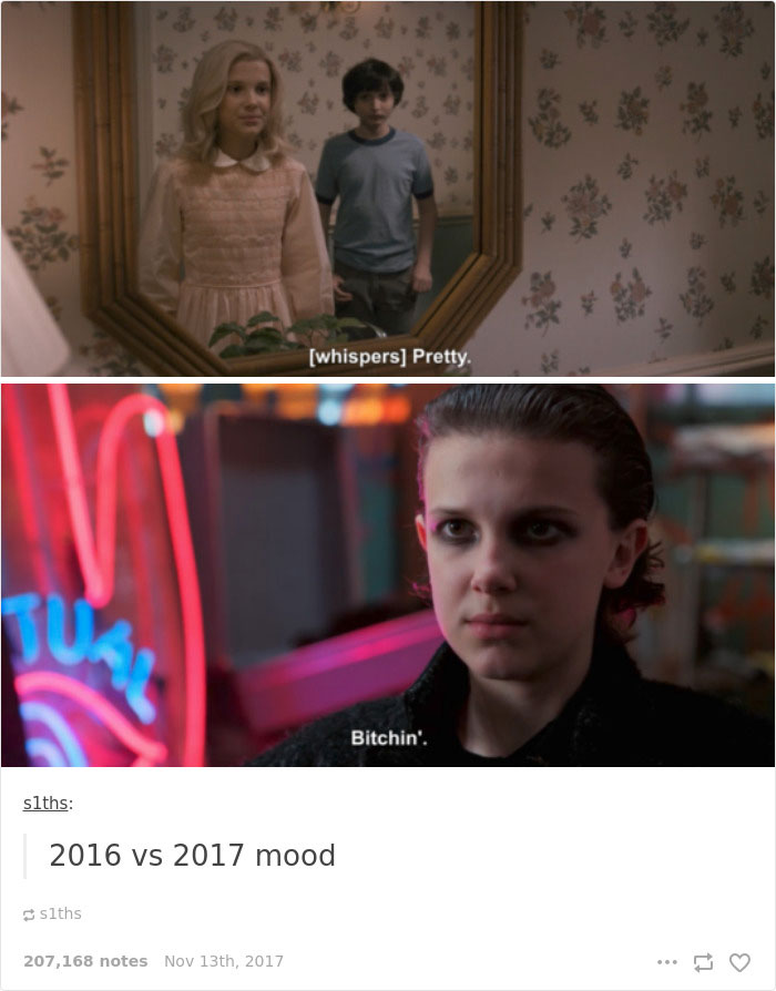 "Stranger Things" meme with two scenes of a character from different seasons, highlighting mood change captions.