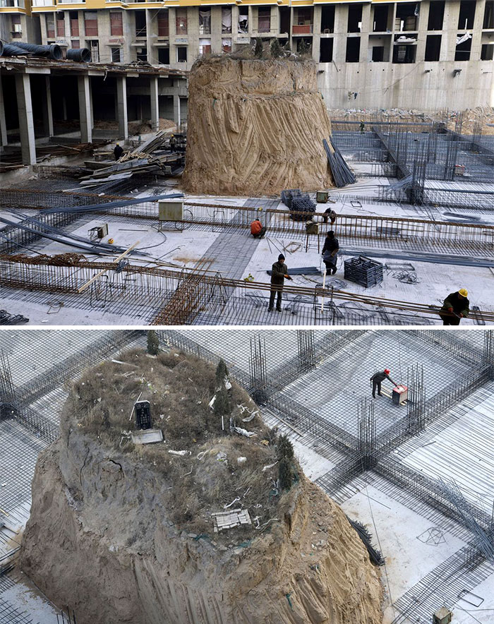 One Chinese Family Refused To Move Their Relatives Ancient Graves. The Small, Bizarre Column Stood 10 Meters Above The Foundation Floor For Months, Until They Finally Accepted Compensation