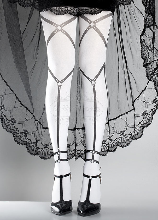 Tattoo socks with a black garter belt design worn with black heels and lace skirt.