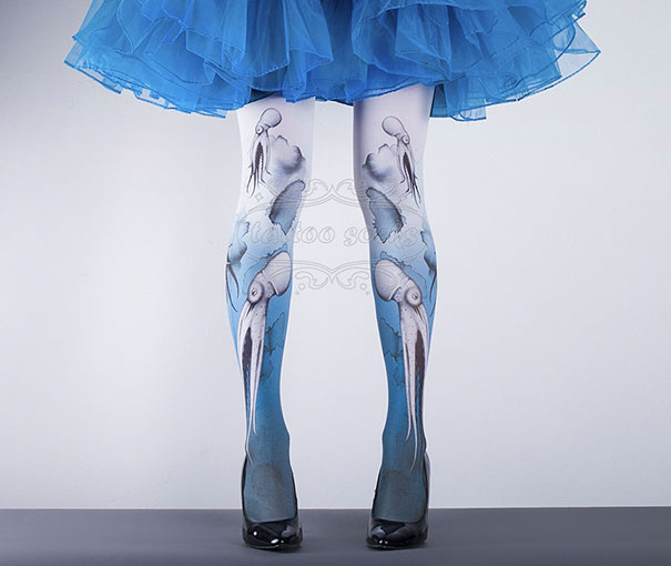 Tattoo socks with octopus design, worn with a blue tulle skirt and black heels.