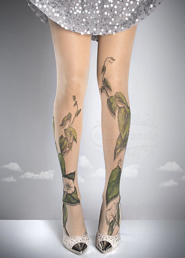 Tattoo socks with floral design on legs in silver sequin skirt and white heels, perfect for non-committal tattoo lovers.
