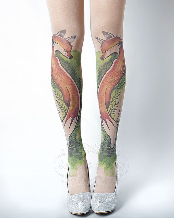 Tattoo socks with fox design on legs, perfect for tattoo lovers who want a non-permanent option.